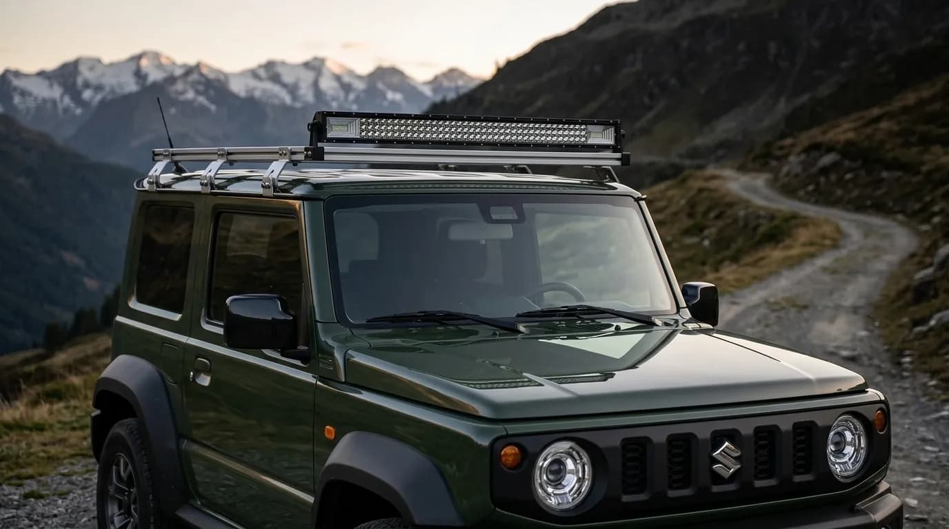 Barre LED Next-Tech fixée sur la galerie de toit d'un Suzuki Jimny vert en montagne