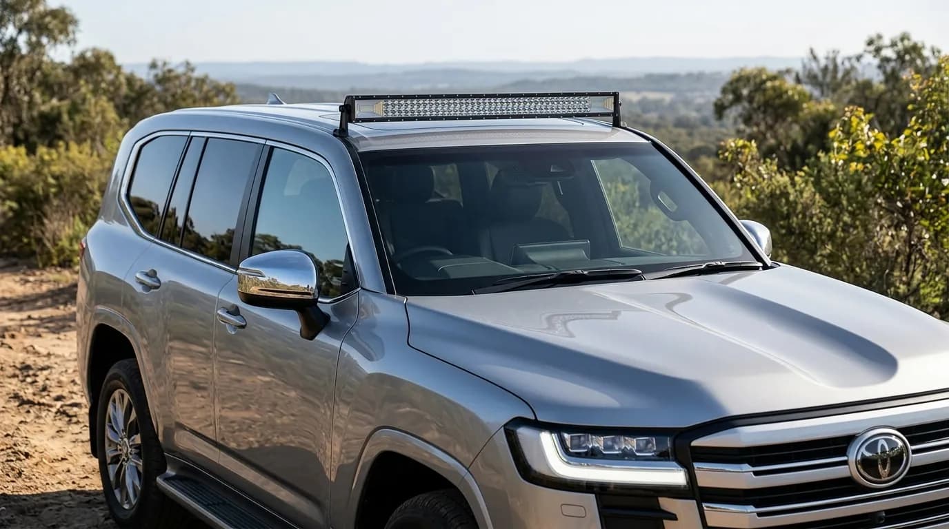 Barre LED Next-Tech montée sur le toit d'un Toyota Land Cruiser 300 en montagne