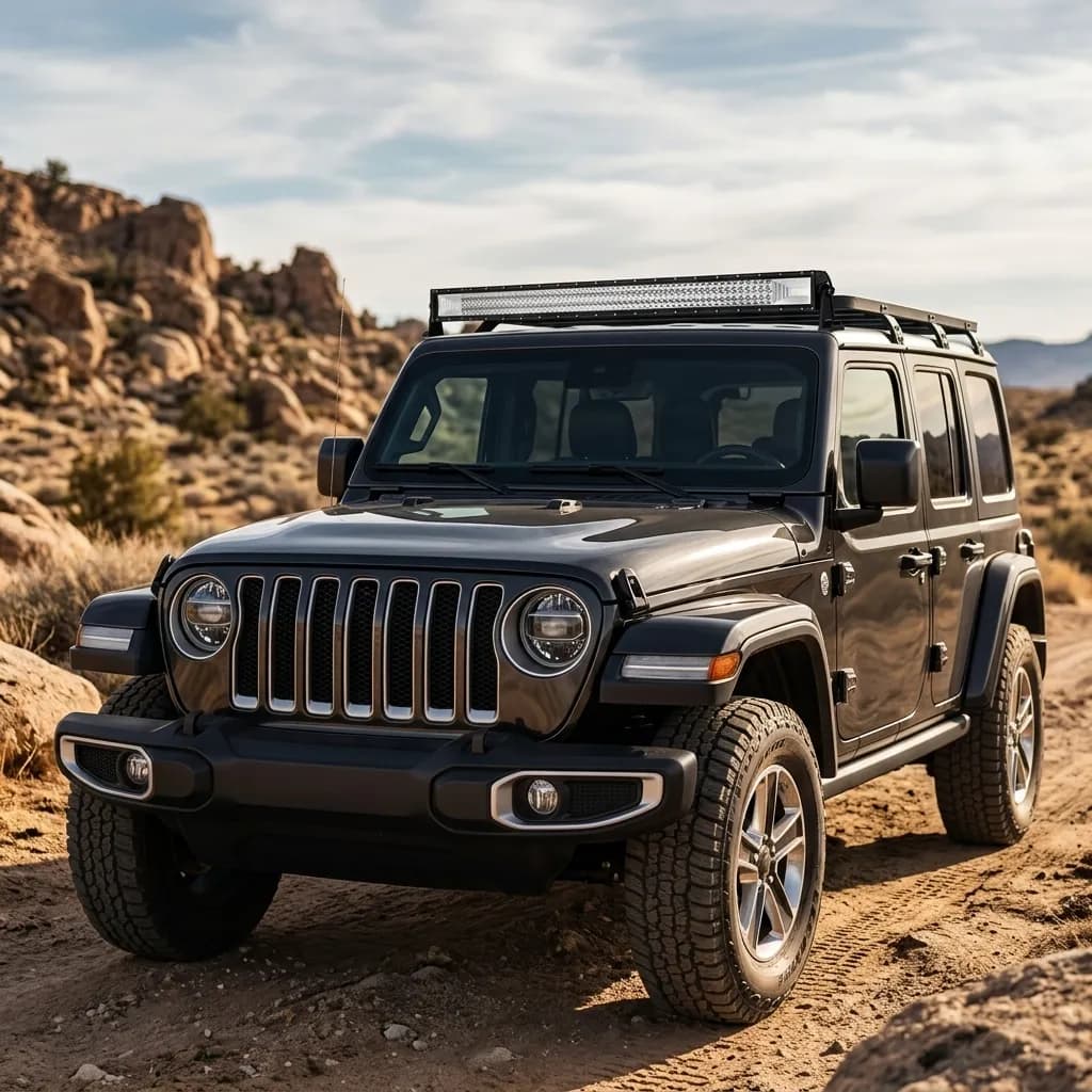 Barre LED Next-Tech fixée sur la galerie de toit d'une Jeep Wrangler
