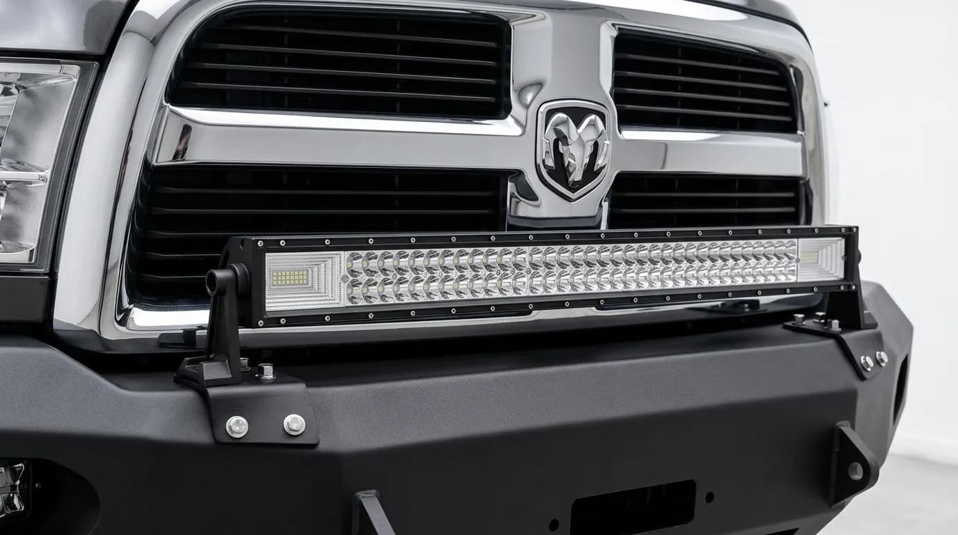 Barre LED Next-Tech intégrée dans la calandre RAM d un Dodge Ram, sous le logo