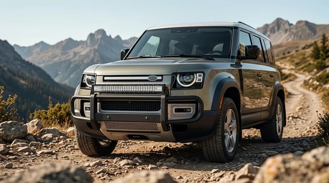 Barre LED Next-Tech montée sur le pare-buffle avant d'un Land Rover Defender en montagne