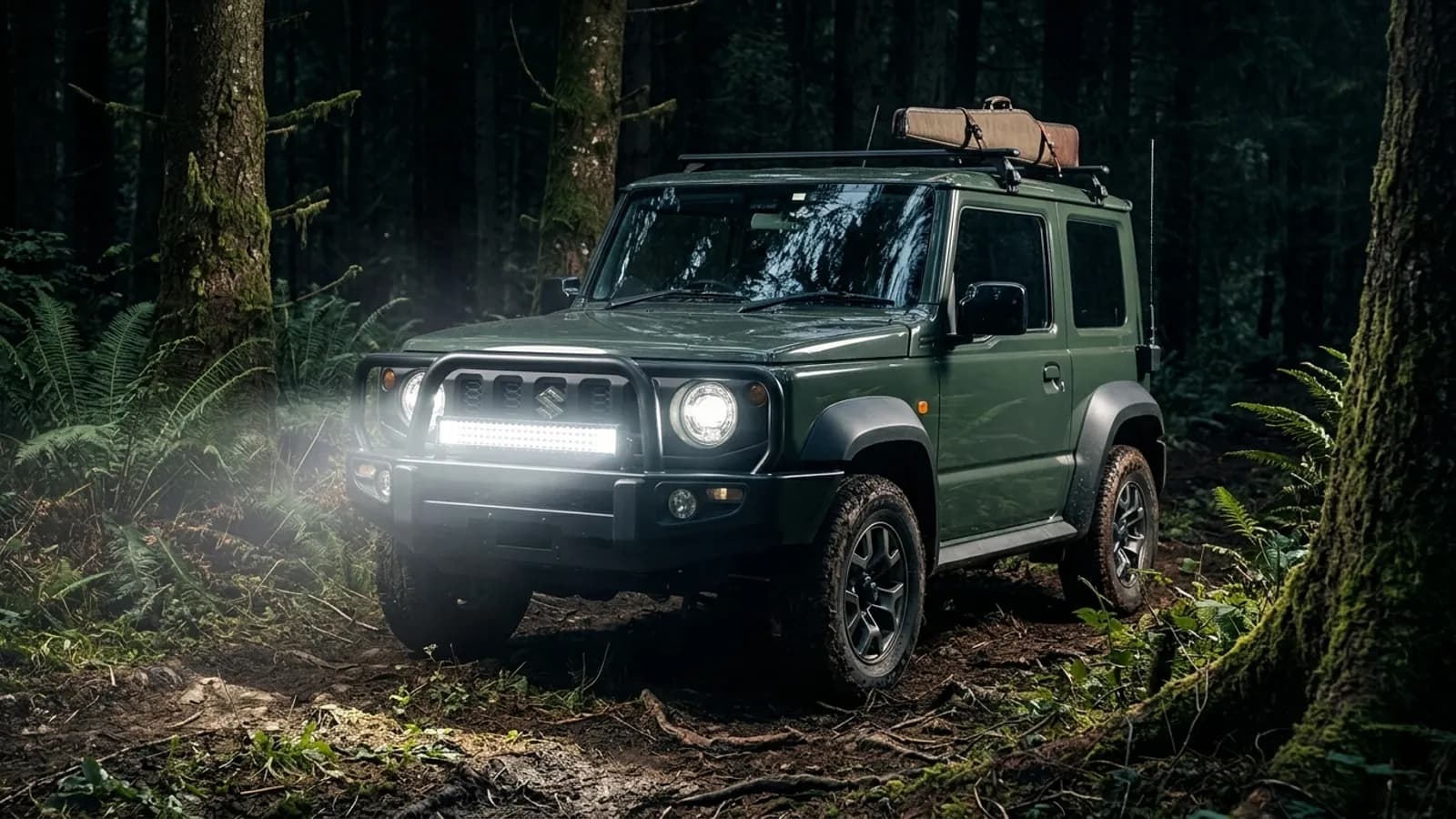 Barre LED Next-Tech sur le pare-buffle d'un Suzuki Jimny série 4 pour la chasse