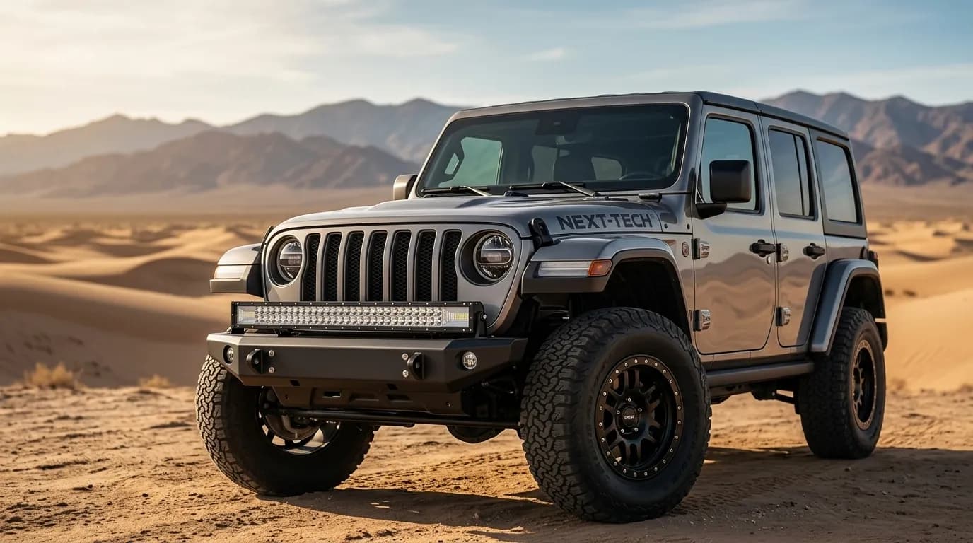 Barre LED Next-Tech installée sur le pare-chocs avant d'une Jeep Wrangler en désert