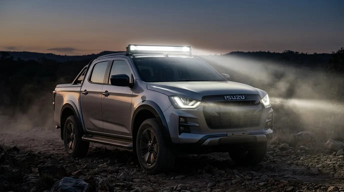 Isuzu D-Max équipé d'une barre LED Next-Tech sur le toit, en usage tout-terrain
