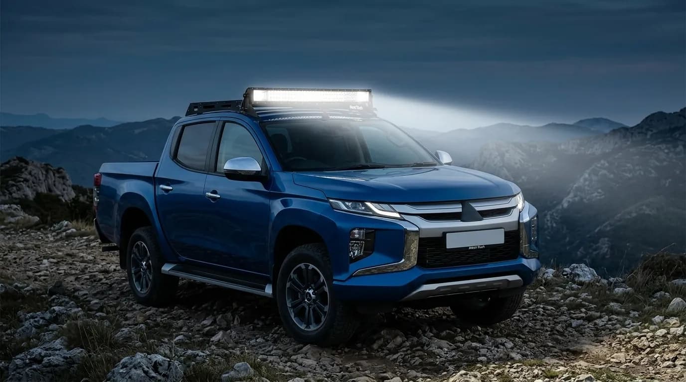Mitsubishi L200 équipé d'une barre LED Next-Tech sur le toit, en usage tout-terrain