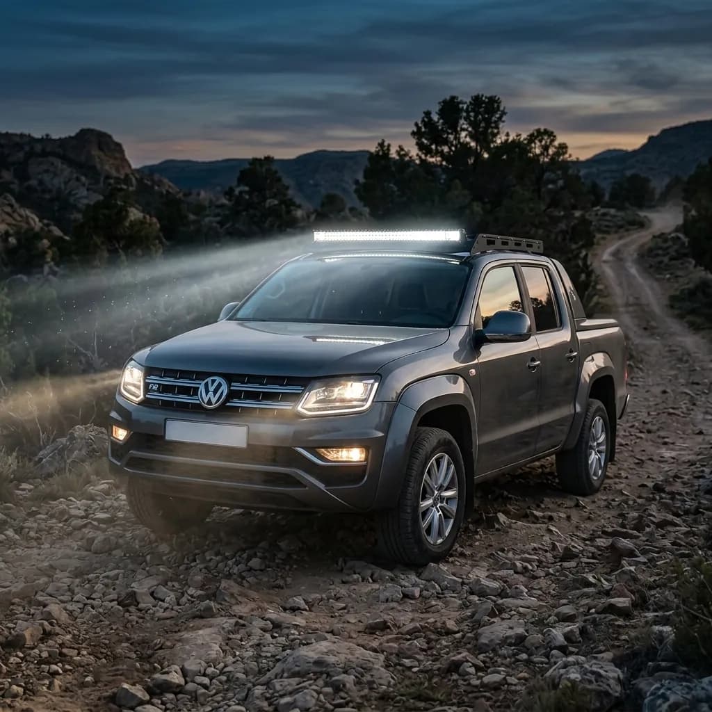 Volkswagen Amarok équipé d'une barre LED Next-Tech sur le toit, en extérieur tout-terrain