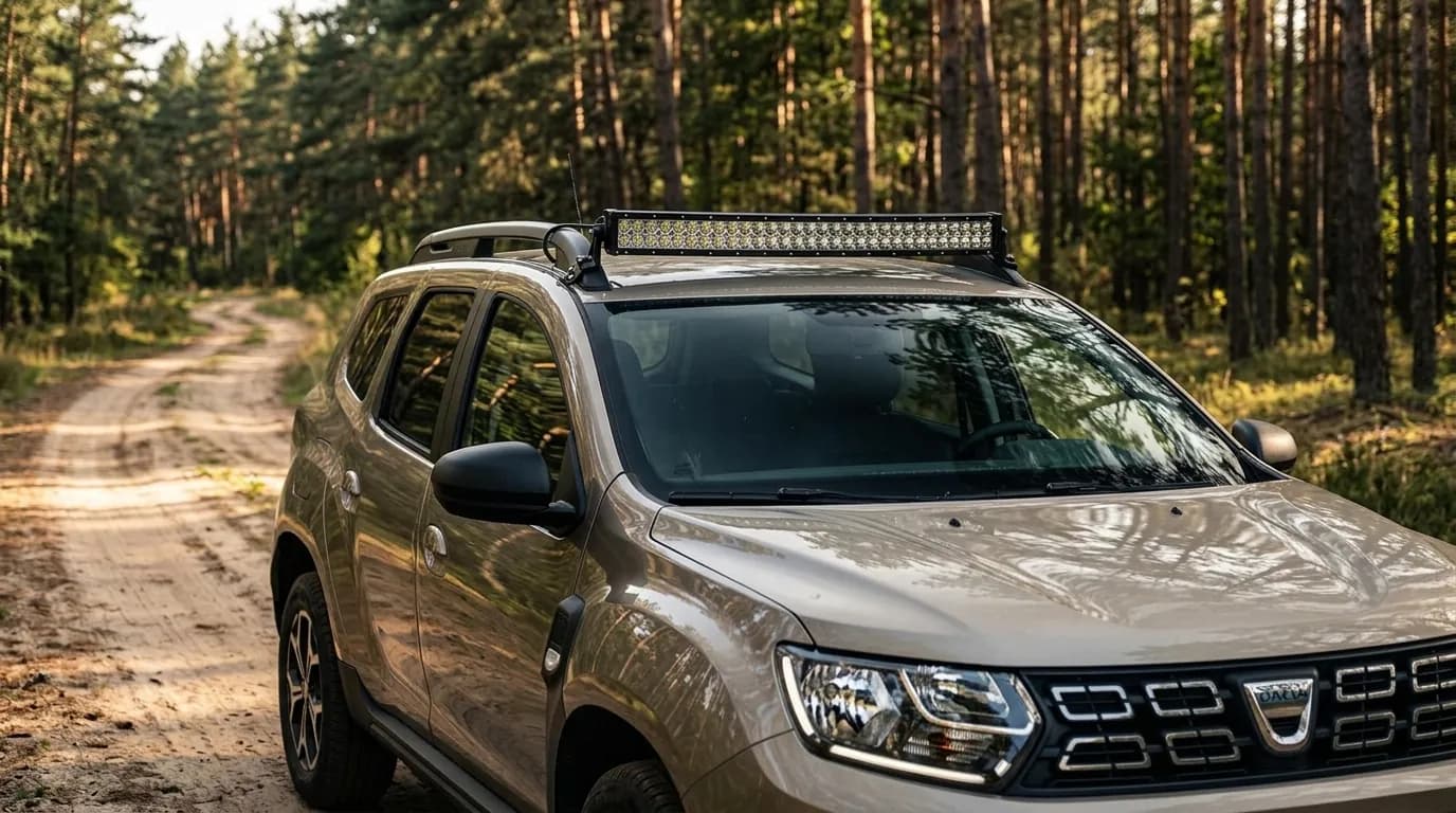 Dacia Duster sur chemin de terre équipé d'une barre LED Next-Tech sur le toit