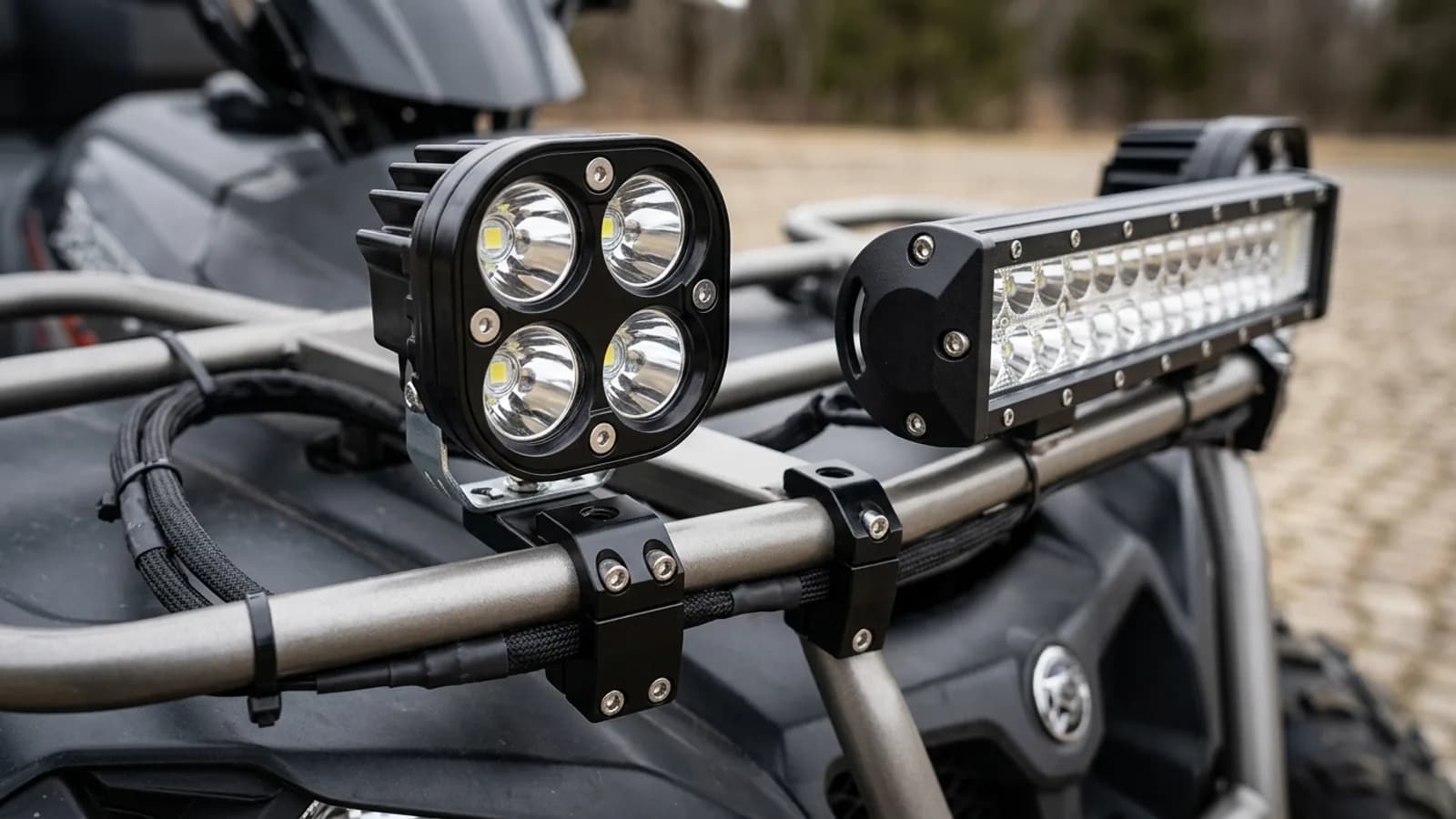 Détail de la fixation par colliers de la barre LED et du feu carré sur le rack tubulaire d'un quad