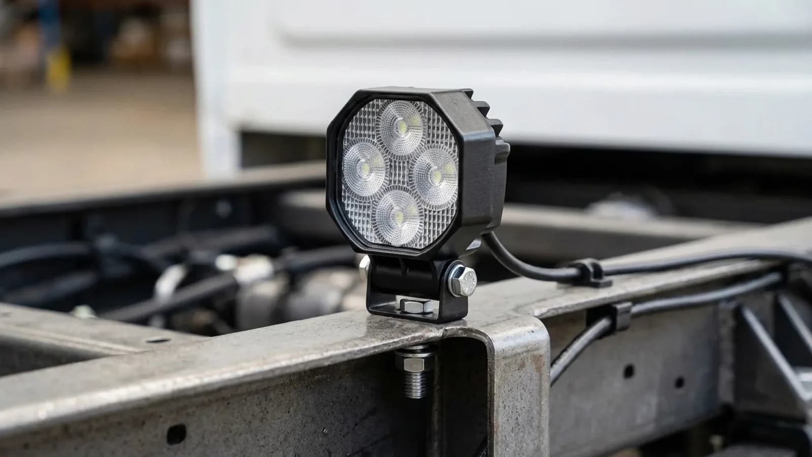 Détail d'un phare de travail LED carré Next-Tech fixé sur la traverse arrière d'un Iveco Daily de chantier