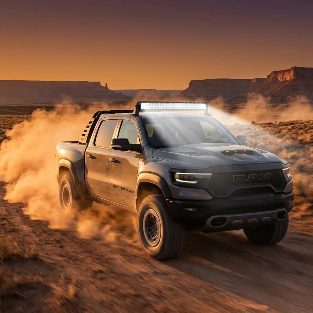 Dodge Ram TRX en action dans le désert au coucher de soleil, barre LED Next-Tech sur le toit