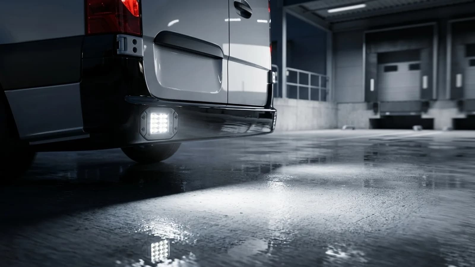Feu de recul LED Next-Tech allumé sur un Mercedes Sprinter en manœuvre de nuit sur un quai
