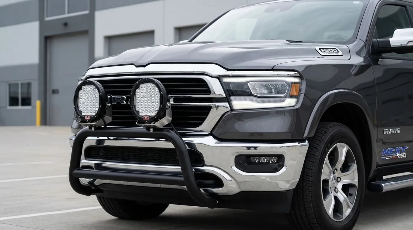 Dodge Ram équipé de deux phares longue portée Next-Tech 900185 sur le pare-buffle avant