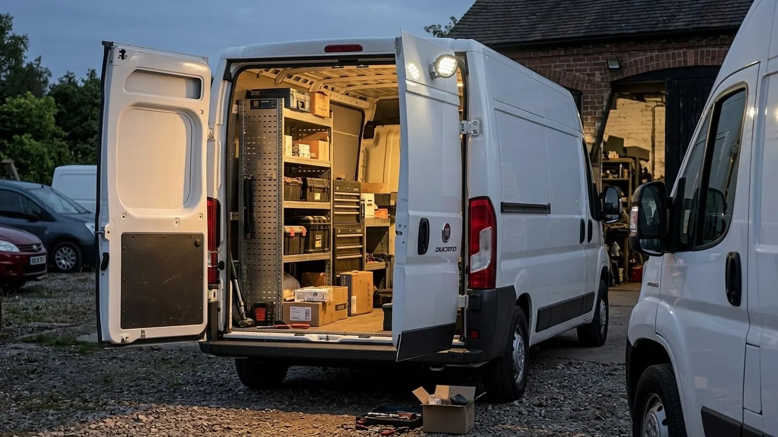 Fiat Ducato de société au chargement du soir, phare LED Next-Tech éclairant l'espace de charge