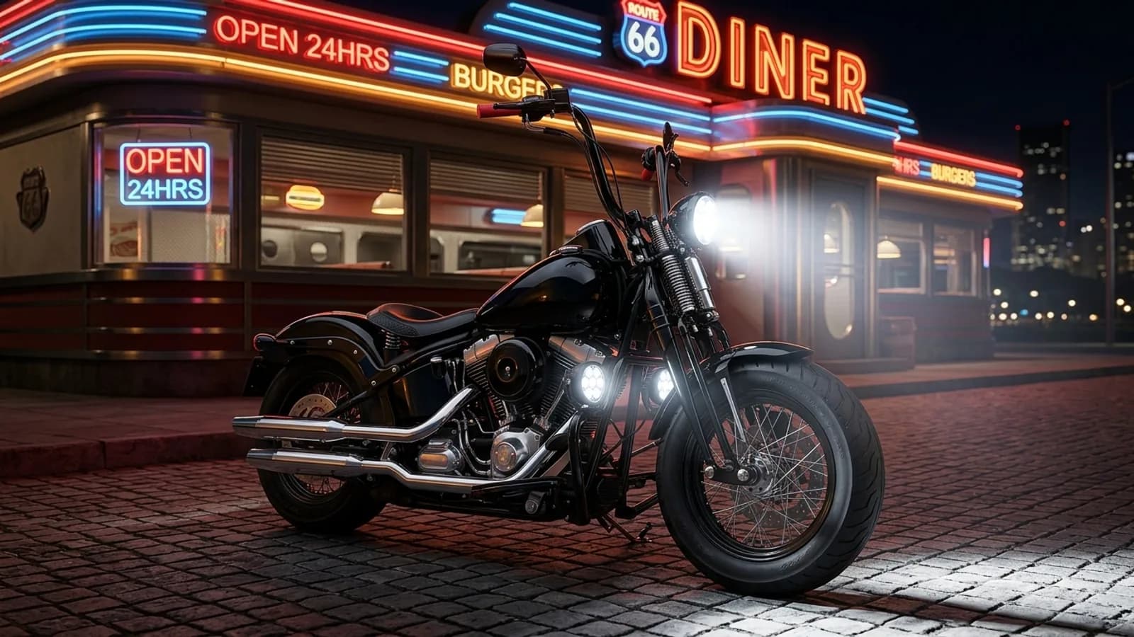 Harley-Davidson avec phares additionnels LED Next-Tech allumés devant un diner américain de nuit