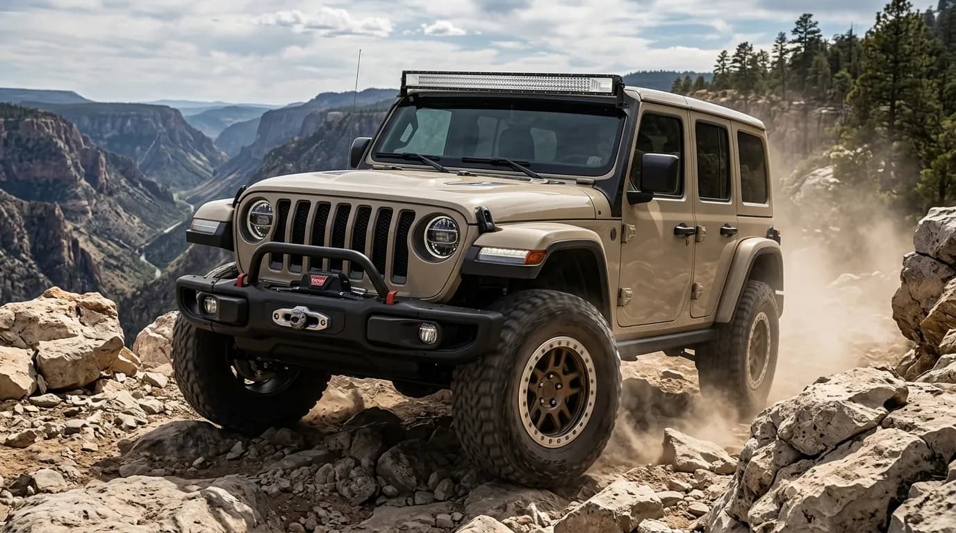 Jeep Wrangler noire en franchissement rocheux équipée d'une barre LED Next-Tech sur le toit