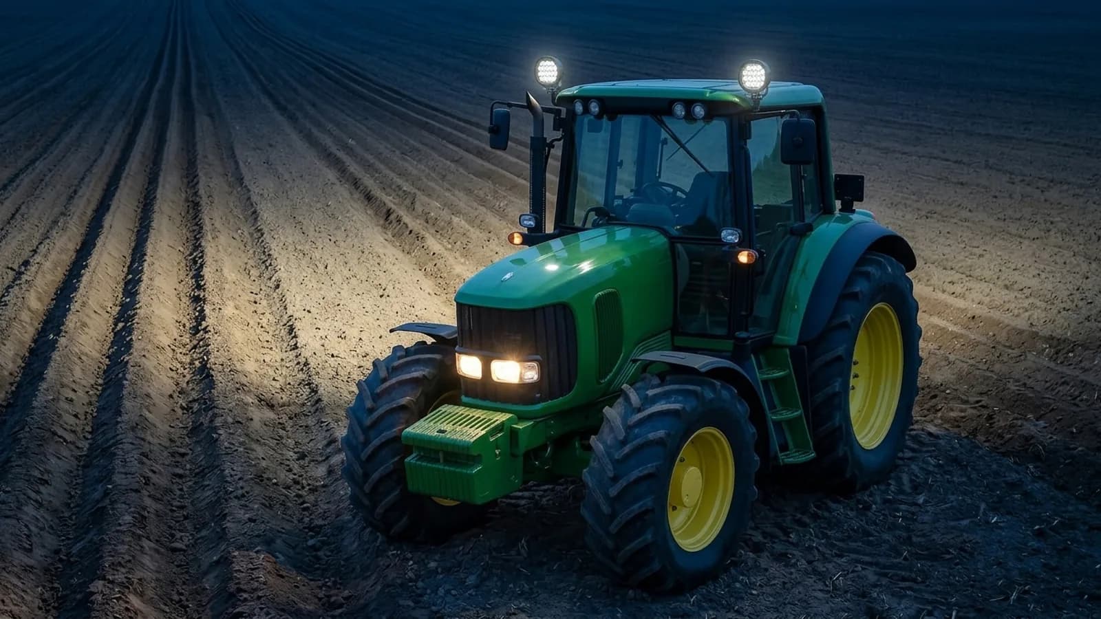 Tracteur John Deere préparant le champ à la tombée de la nuit, phares de travail LED Next-Tech allumés