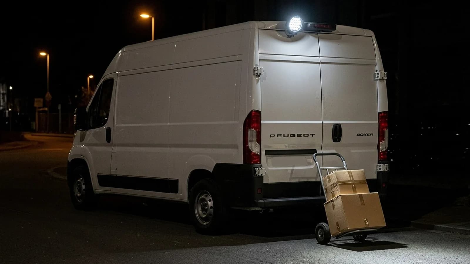 Peugeot Boxer en livraison de nuit, zone arrière éclairée par le phare LED Next-Tech