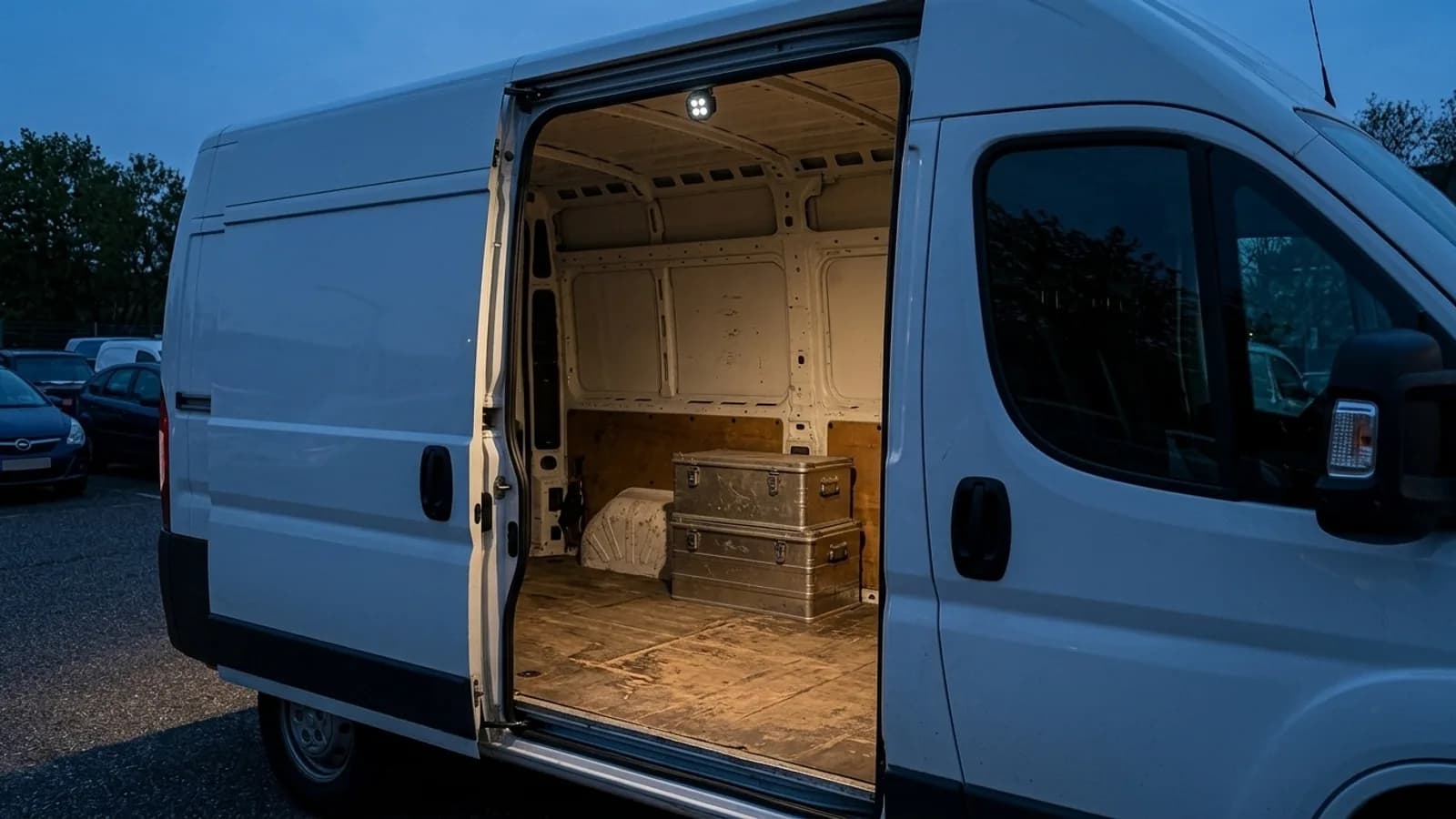 Phare LED carré 20W Next-Tech éclairant la soute d'un Peugeot Boxer