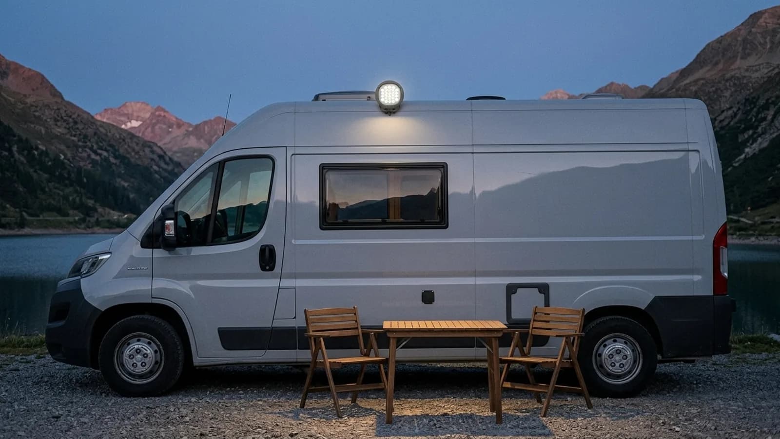Phare LED Next-Tech éclairant la terrasse d'un camping-car Fiat Ducato au bord d'un lac de montagne