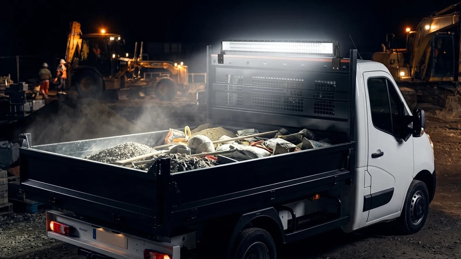 Phares de travail LED Next-Tech à l'arrière de cabine d'un Renault Master benne