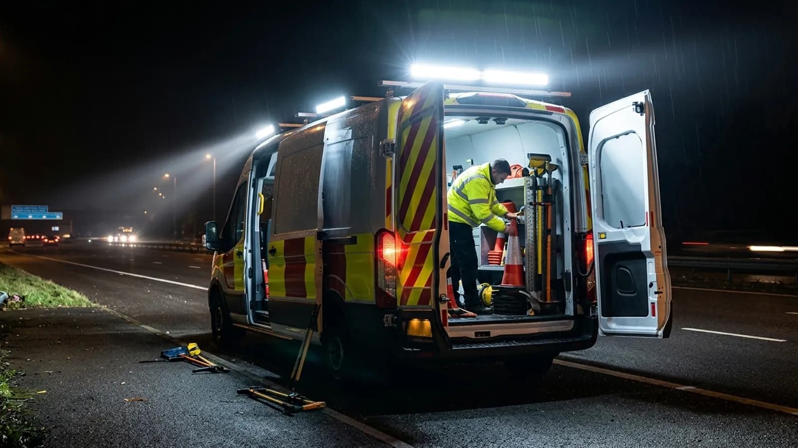 Phares de travail LED Next-Tech sur un Ford Transit en intervention de nuit