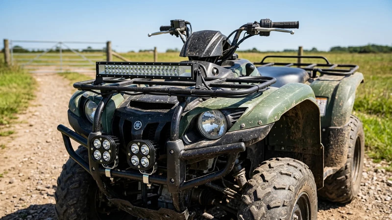 Barre LED et feux additionnels Next-Tech montés sur le rack avant d'un quad, vue de jour
