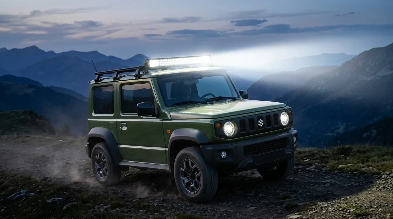 Suzuki Jimny en tout-terrain de montagne, barre LED Next-Tech allumée crachant une lumière blanche puissante