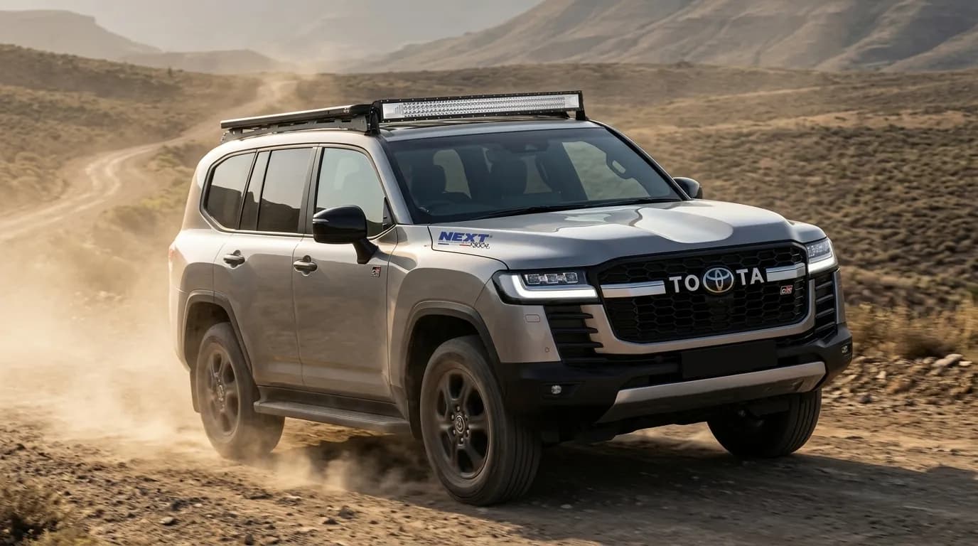 Toyota Land Cruiser 300 en expédition dans le désert, barre LED Next-Tech sur le toit