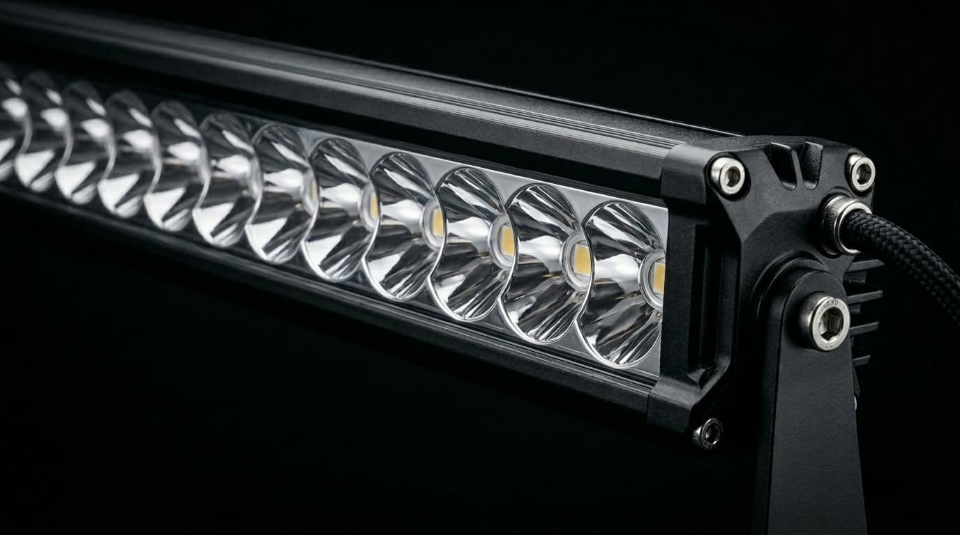 Rampe LED incurvée simple rangée Next‑Tech, zoom sur les optiques haute puissance, design aérodynamique sur fond noir