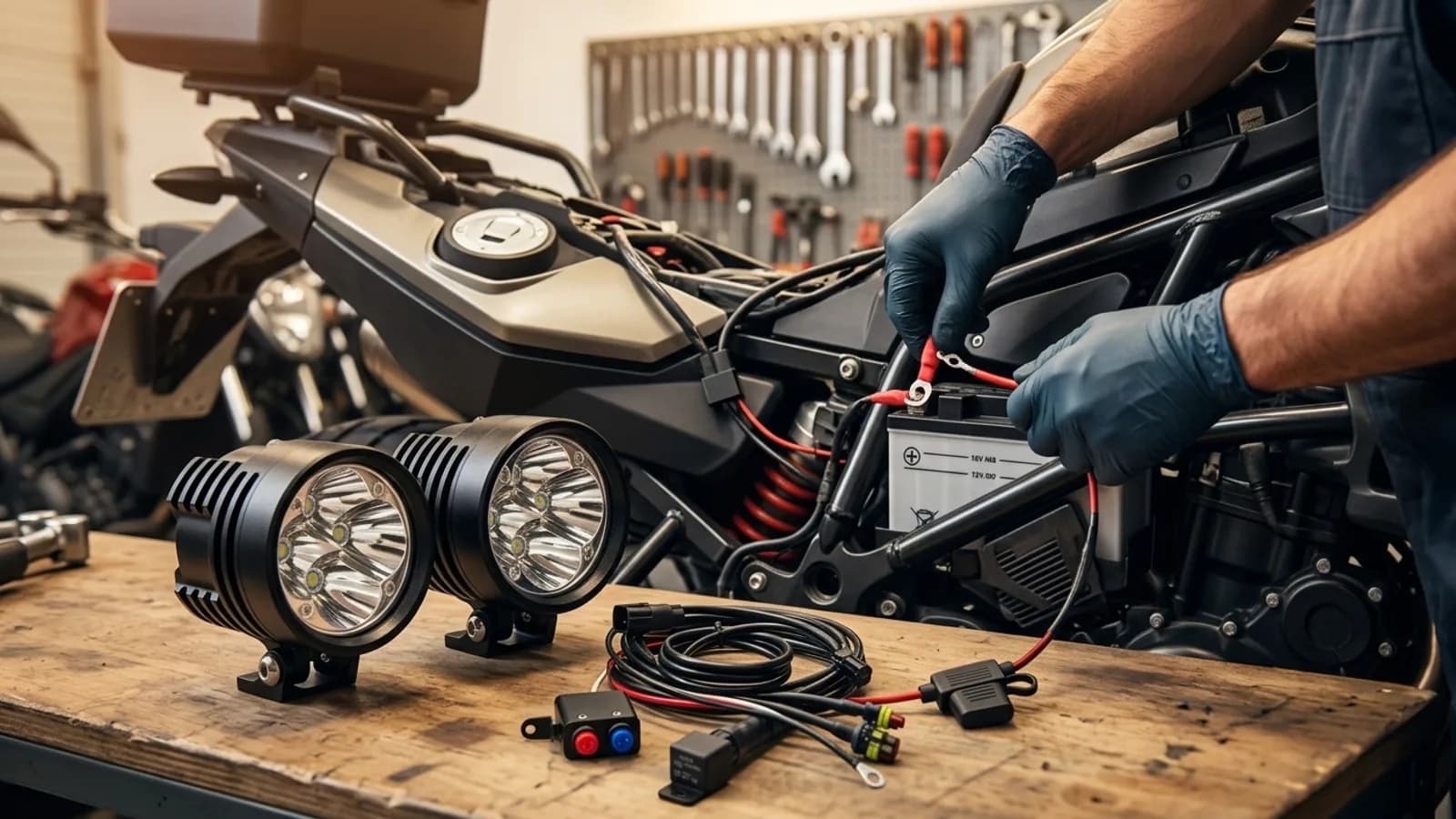 Branchement du faisceau électrique de feux additionnels LED sur la batterie d'une moto en atelier