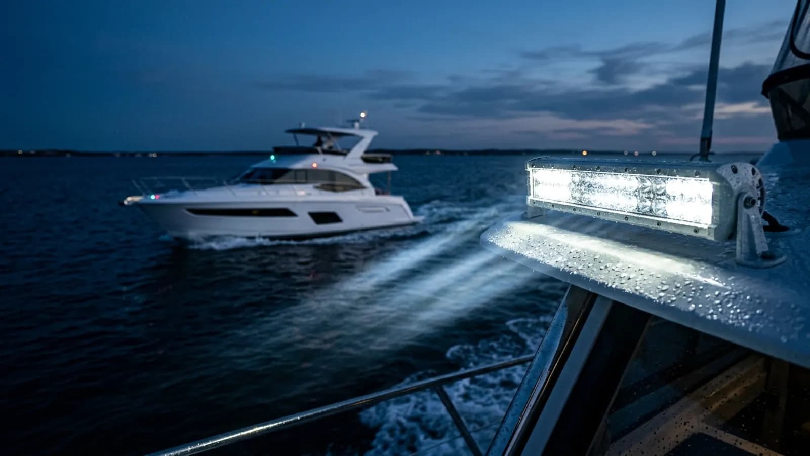 Barre LED marine étanche IP69K allumée au crépuscule éclairant un yacht en navigation nocturne