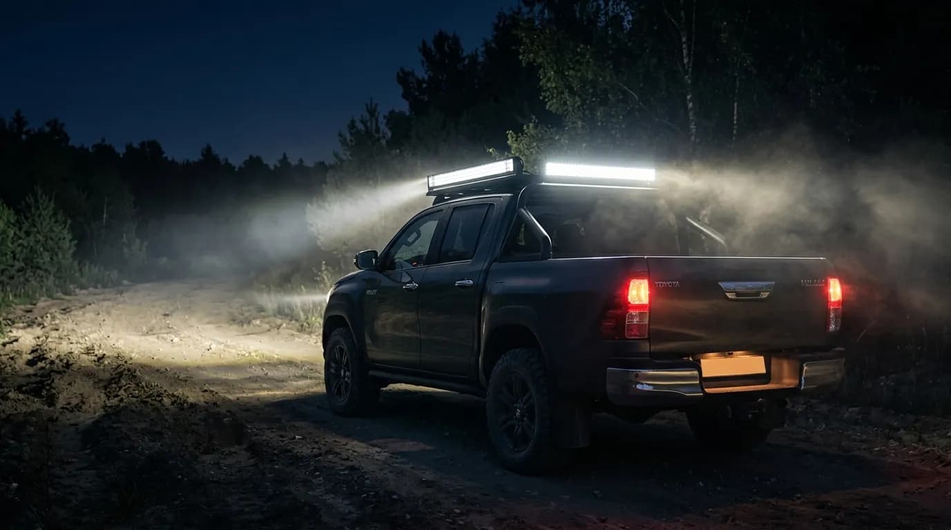 Toyota Hilux de nuit sur une piste forestière, barre LED Next-Tech du toit allumée projetant un faisceau puissant