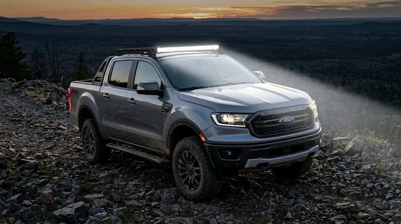 Ford Ranger équipé d'une barre LED Next-Tech sur le toit, allumée sur piste tout-terrain au crépuscule