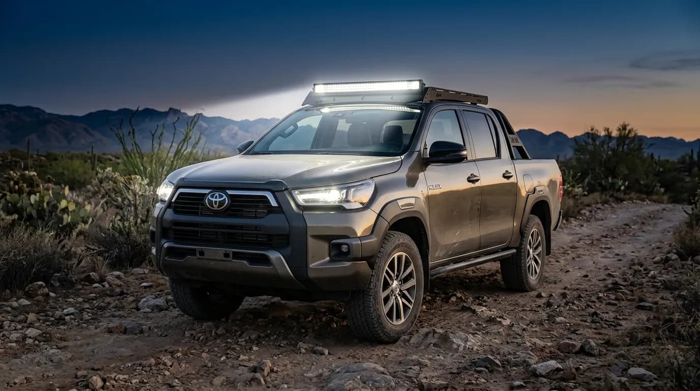 Toyota Hilux gris équipé d'une barre LED Next-Tech sur le toit, phares allumés sur une piste désertique au crépuscule