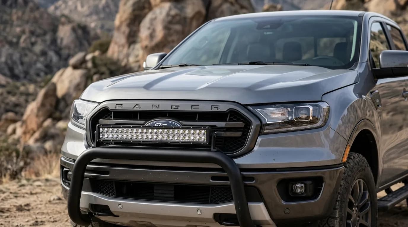 Barre LED fixée sur le pare-buffle d'un Ford Ranger gris en terrain désertique