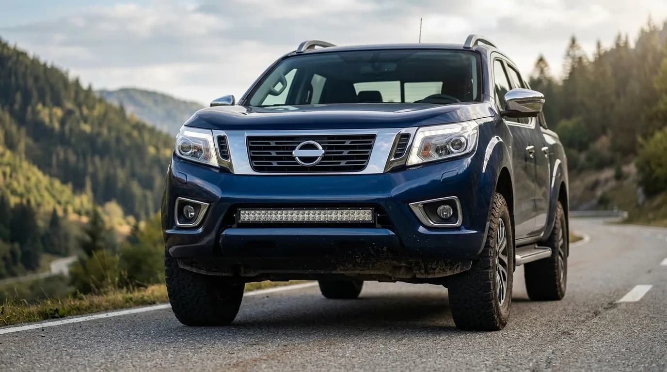 Face avant d'un Nissan Navara avec une barre LED Next-Tech installée dans le pare-chocs