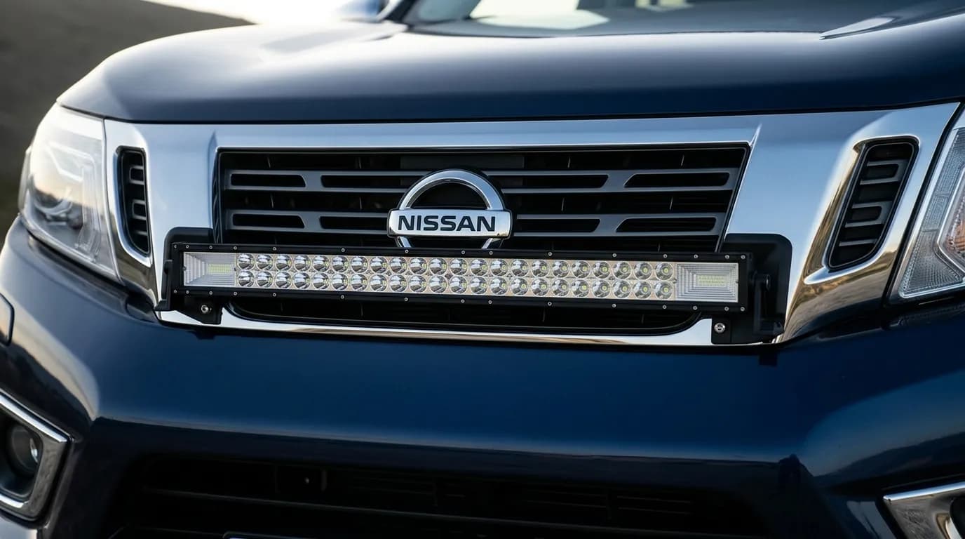 Gros plan de la calandre d'un Nissan Navara avec une barre LED Next-Tech intégrée dans le pare-chocs