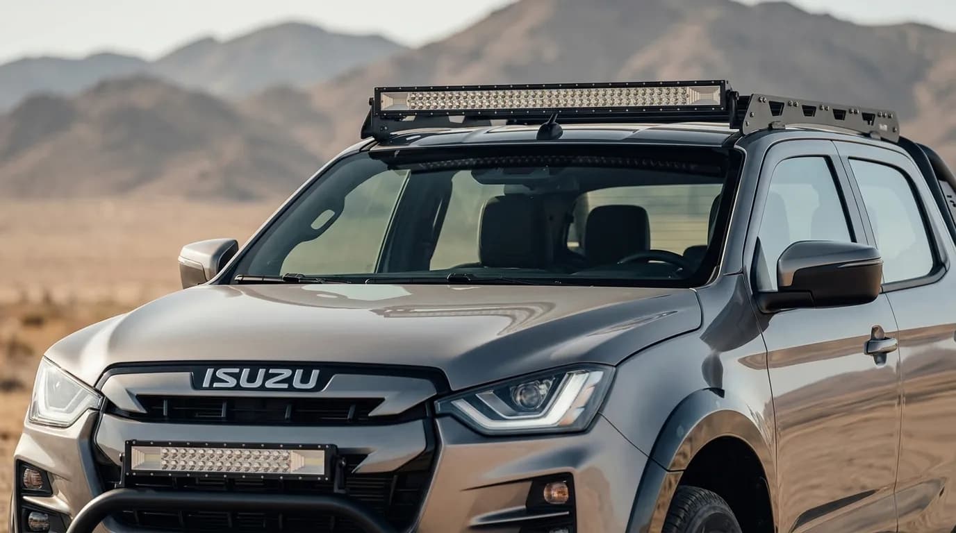 Détail de la barre LED Next-Tech montée sur la galerie de toit d'un Isuzu D-Max, paysage désertique