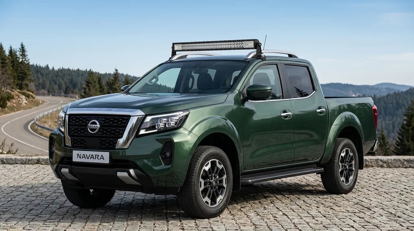 Détail de la barre LED Next-Tech boulonnée sur la galerie de toit d'un Nissan Navara vert, route de montagne en arrière-plan