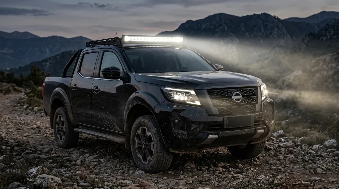 Nissan Navara équipé d'une barre LED Next-Tech sur le toit, en extérieur sur un terrain tout-terrain