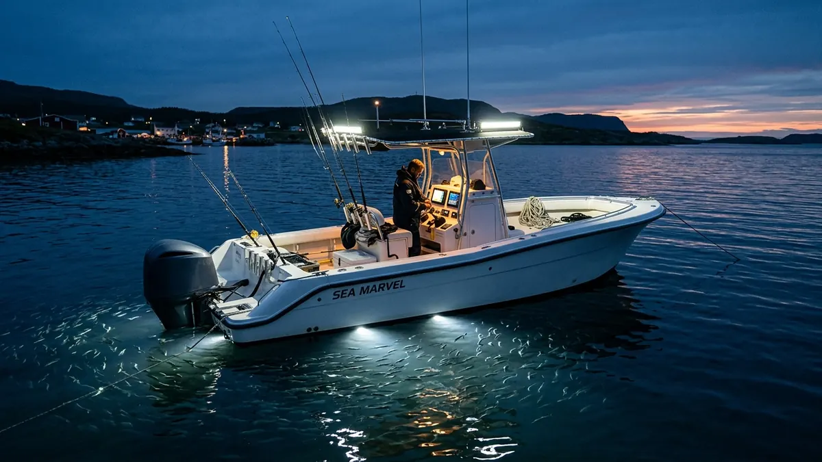 Projecteur LED sous-marin en inox 316 installé sous la coque d'un voilier, éclairage bleu dans l'eau