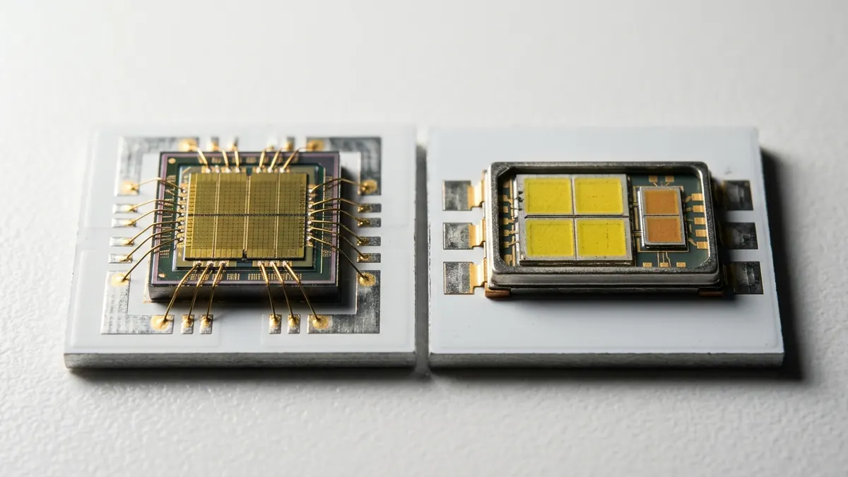 Gros plan sur des LEDs CREE et OSRAM montées sur circuit imprimé d'une barre LED