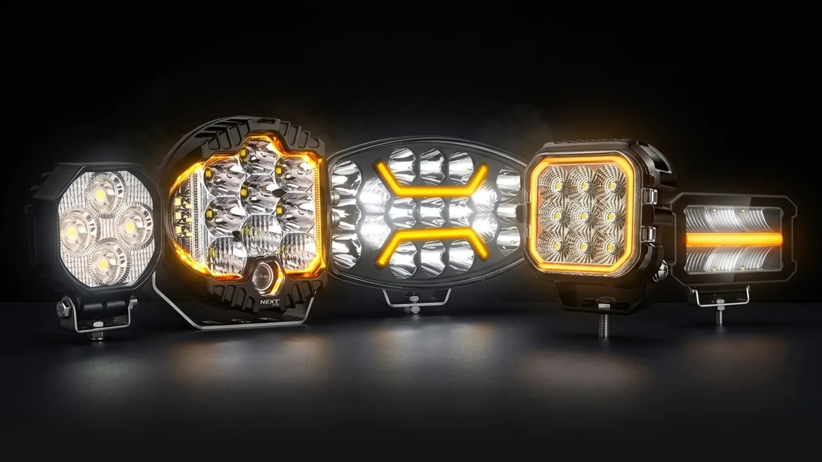 Cinq phares LED Next-Tech ronds, carrés et rectangulaires allumés avec leurs feux de position orange sur fond noir studio