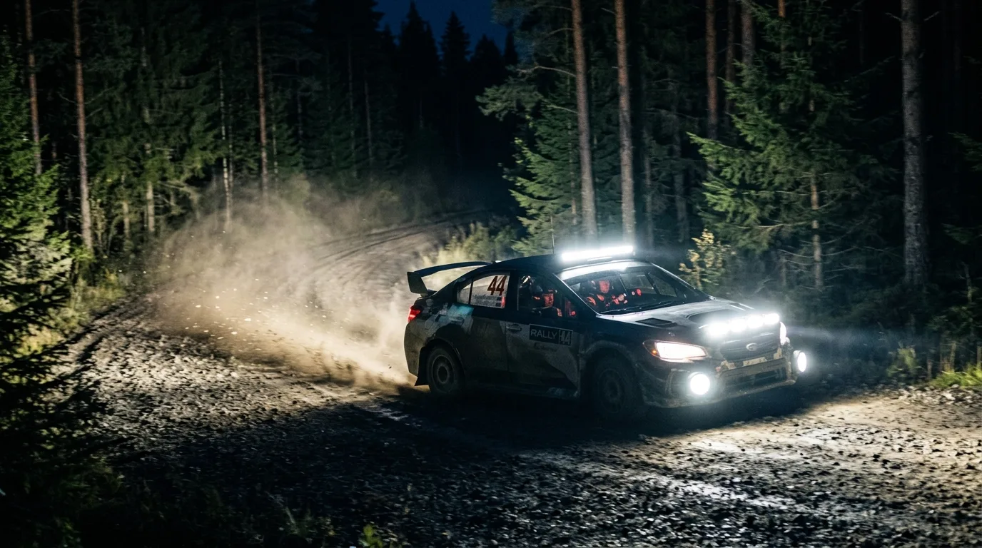 Rampe LED en action en spéciale nocturne de rallye
