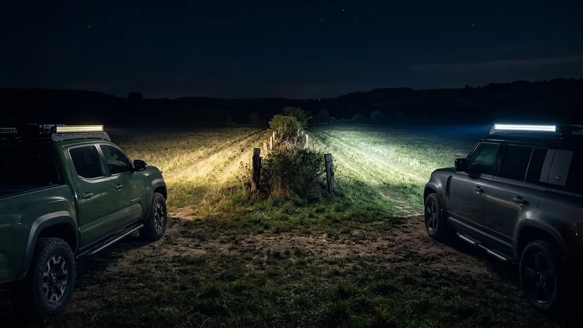 Test de portée nocturne comparant une barre LED CREE et une barre LED OSRAM sur piste