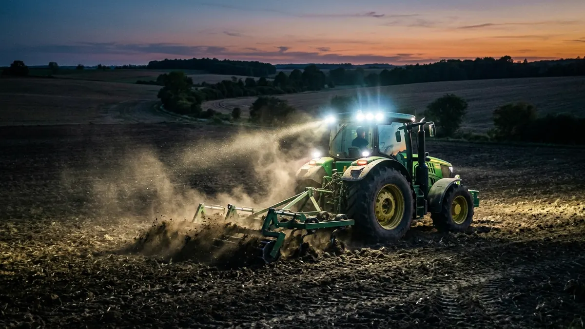 Tracteur agricole John Deere au labour de nuit équipé de phares de travail LED Next‑Tech éclairant le champ