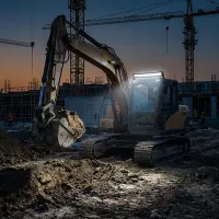 Pelleteuse de chantier au crépuscule équipée d'une barre LED incurvée Next‑Tech 180W allumée en blanc sur la cabine