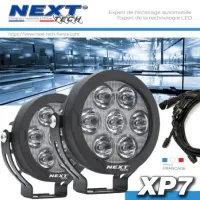Illustration du kit de phares LED XP7 110mm 140w avec son faisceau de câbles complet sur un fond Next-Tech