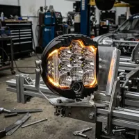 feu LED additionnel rond 180mm Next‑Tech avec feu de jour DRL orange monté sur un châssis en aluminium d'un prototype.