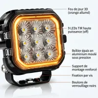 Données techniques du phare LED Next‑Tech 45w 10cm 9 LEDs et feu de jour orange allumé